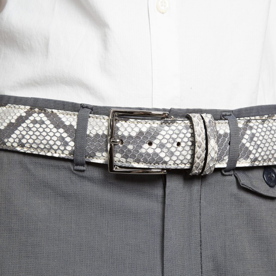Grey Python leather belt with silver-colored metal buckle. Belt made by Italian artisans with top quality vegetable tanned leather.