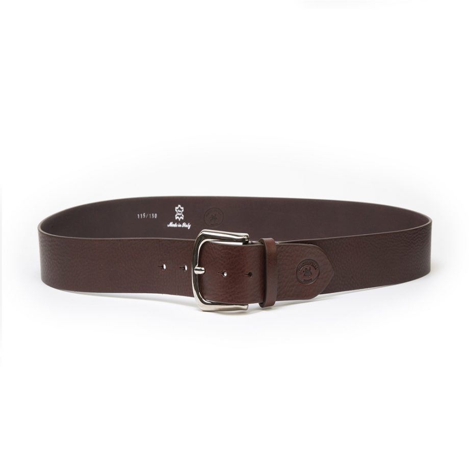 Man's Belt brown sports leather with silver metal buckle. Belt made by Italian artisans with top quality vegeta.