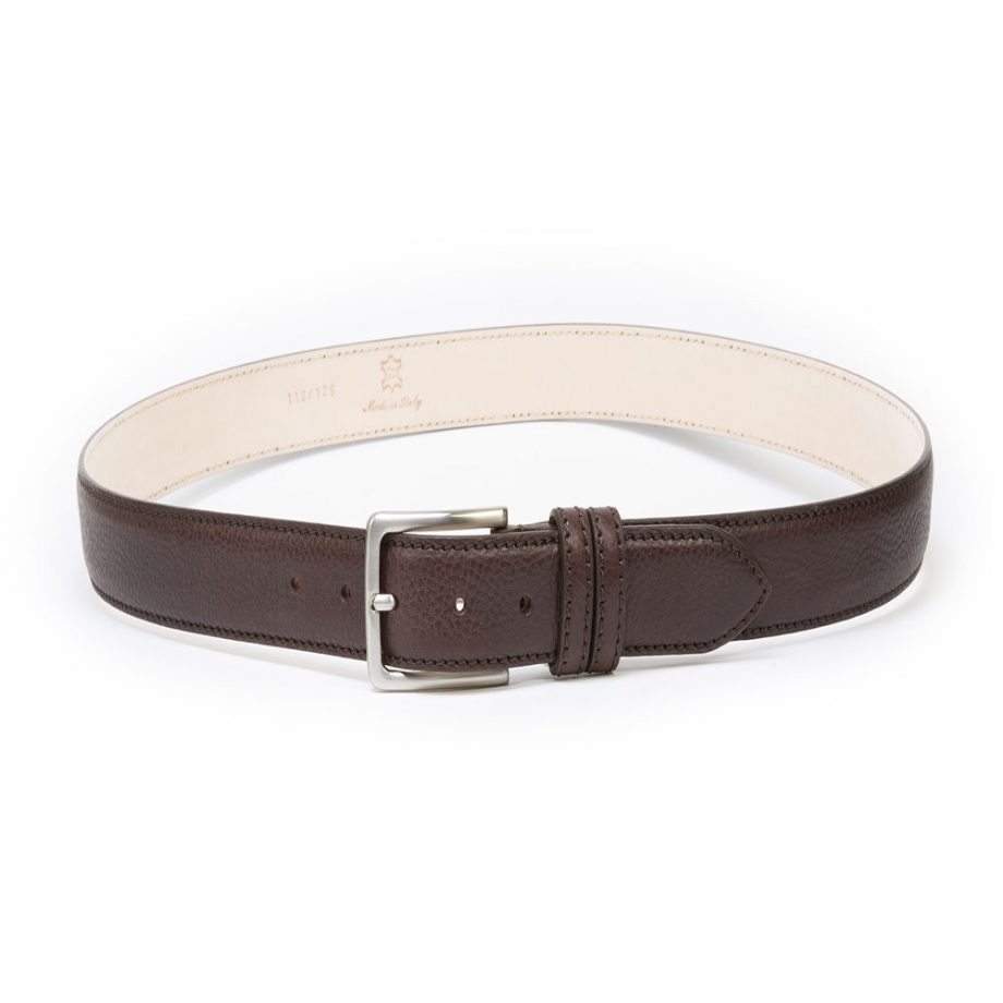 Brown leather belt with silver metal buckle. Belt made by Italian artisans with top quality vegeta.