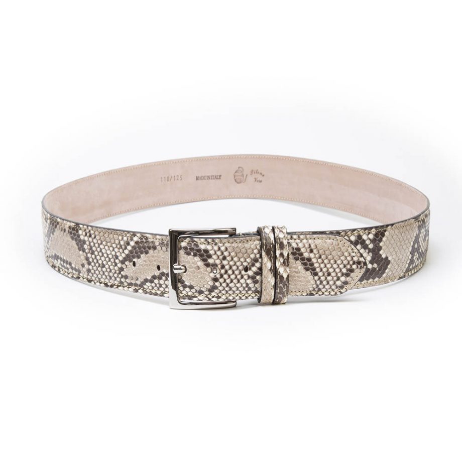 Brown python leather belt with silver-colored metal buckle. Belt made by Italian artisans with top quality vegetable tanned leather.