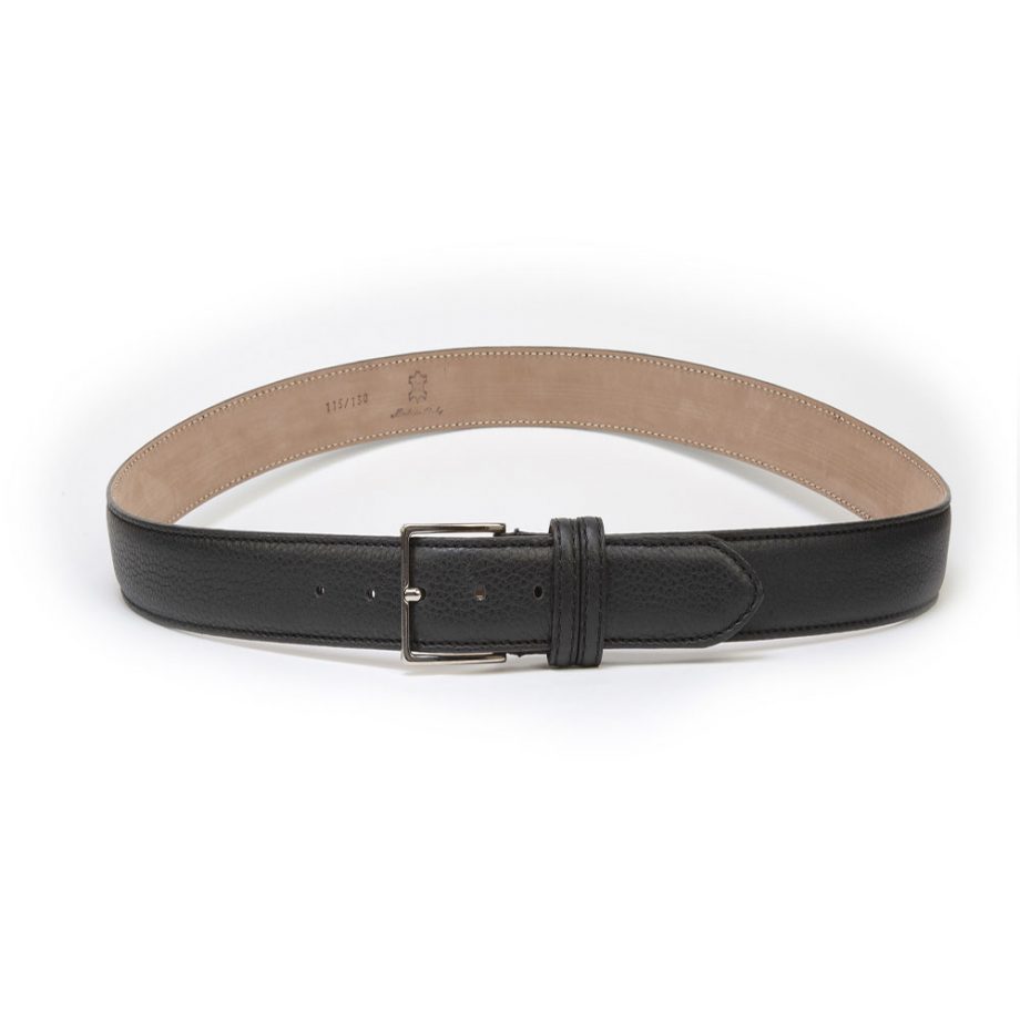 Black leather belt with silver metal buckle. Belt made by Italian artisans with top quality vegeta.